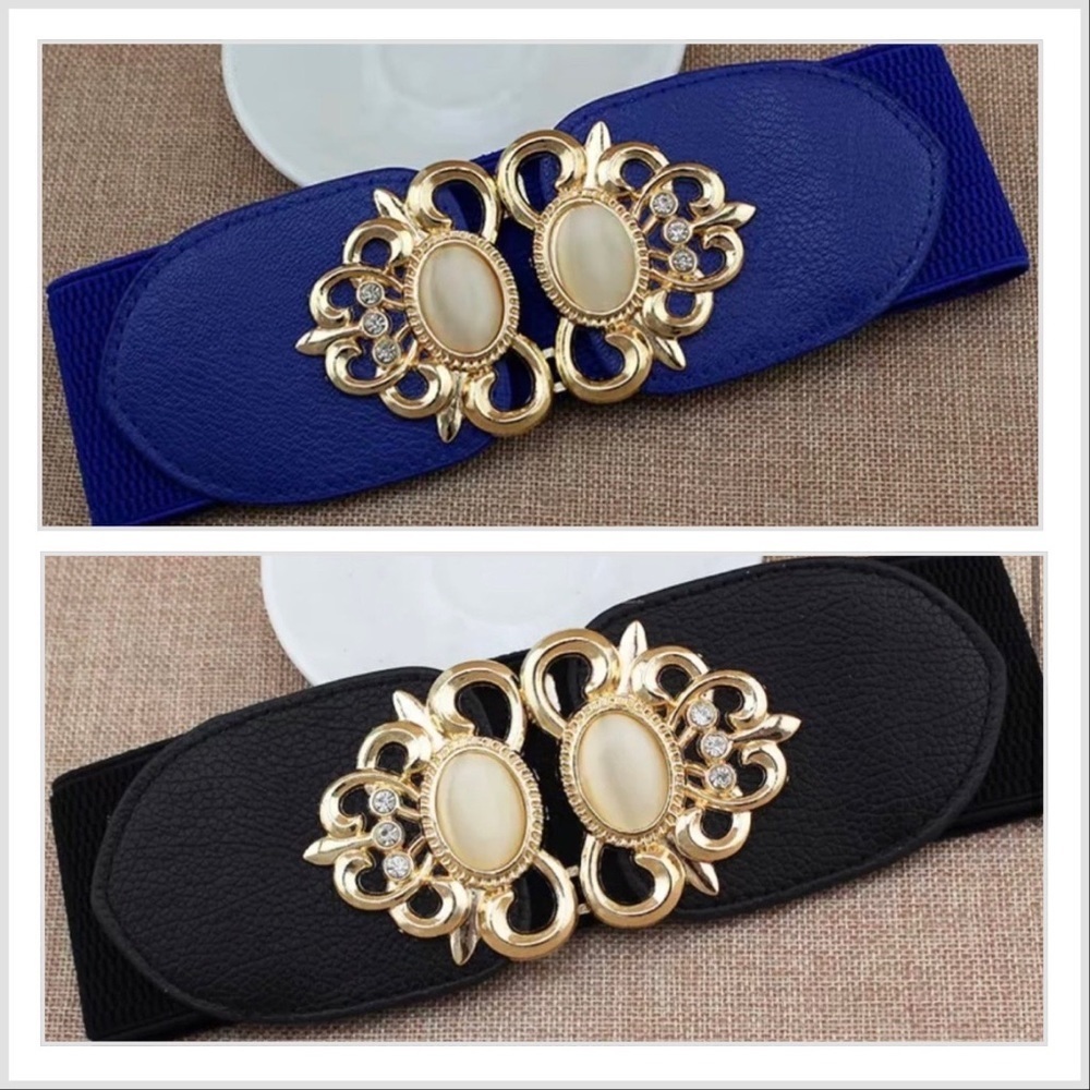 Blue & Black Elastic Leather Gemstone Wide Fashion Belt Set of 2